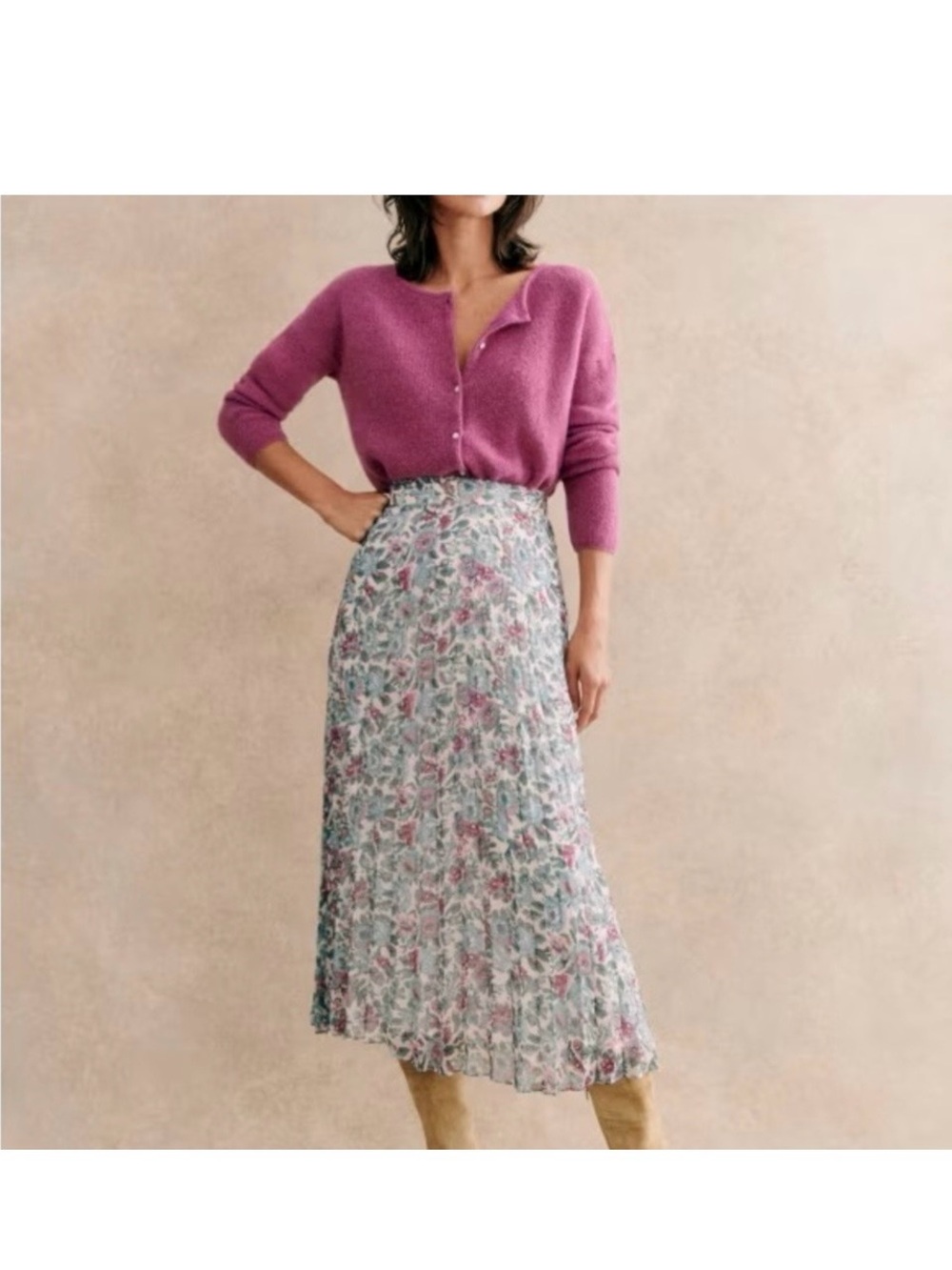 Sezane Floral Pleated Midi Skirt